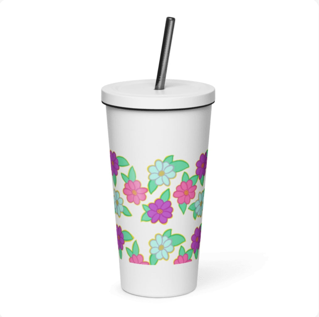 Flower Power Insulated Tumbler with a Straw